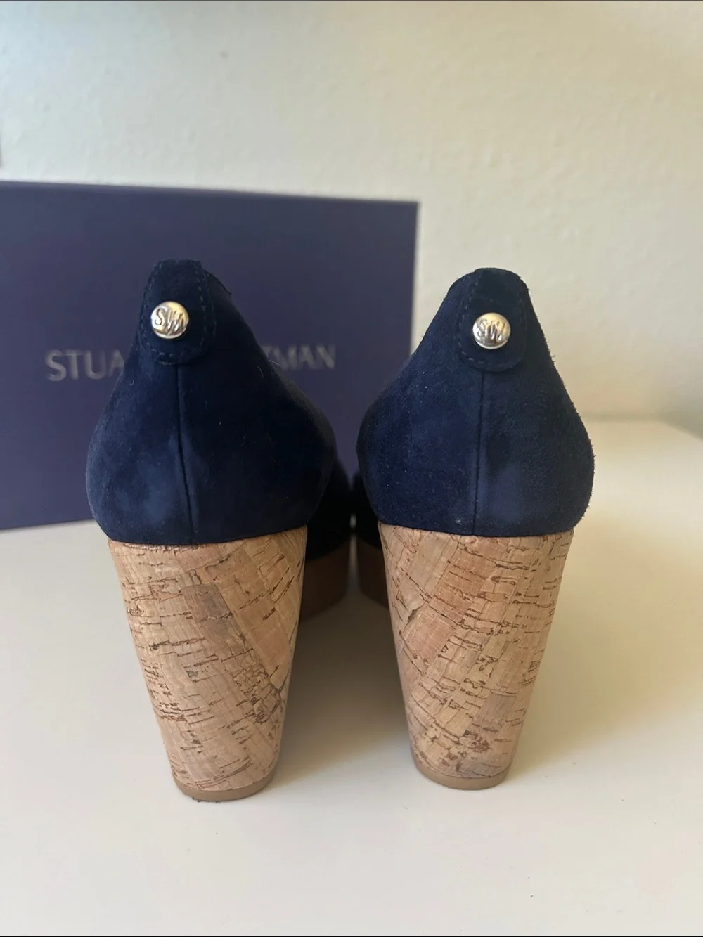 Stuart Weitzman Navy Suede Cork Wedge Pumps